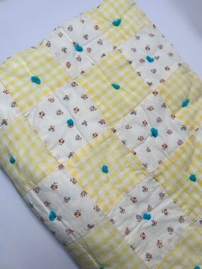 Vintage Baby Quilt | Handmade Patchwork | Yellow Gingham Floral | Crib Blanket